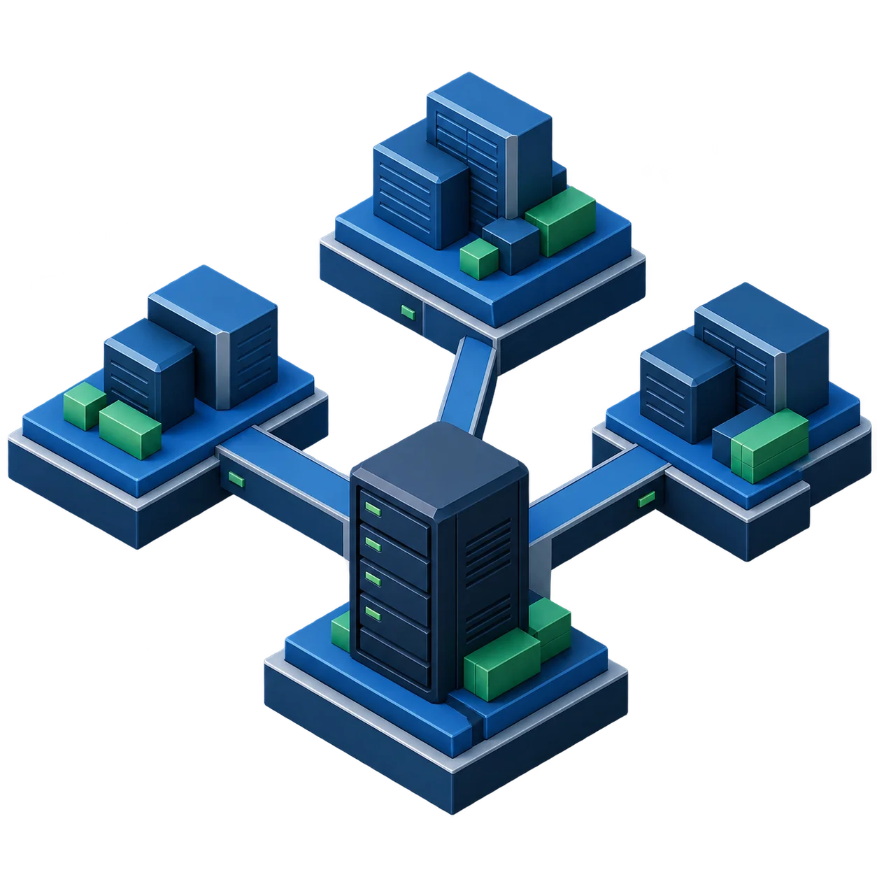Isometric illustration of four blue server platforms linked to a central hub, with green accents