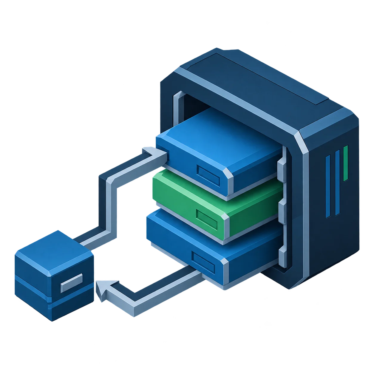 Isometric server enclosure and a smaller external device connected by arrows
