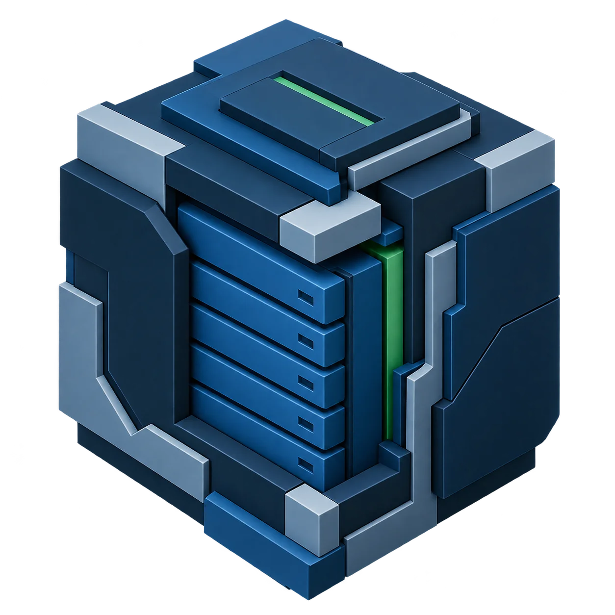 Isometric reinforced blue storage enclosure with server drives and green details